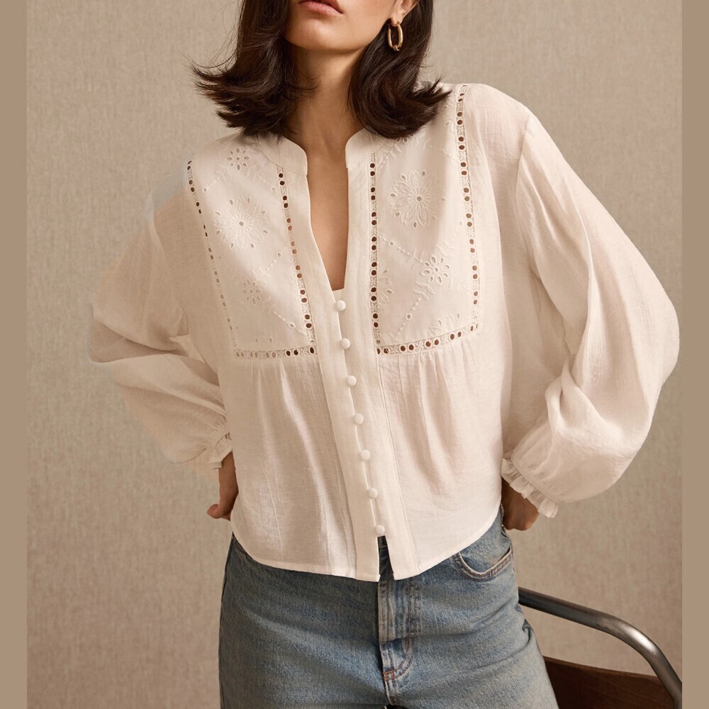 Ivory Embroidered Eyelet Trim Notched Neck Balloon Sleeve Blouse